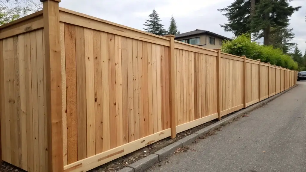 A cedar wood privacy fence with vertical slats along a sidewalk, providing seclusion for the property.