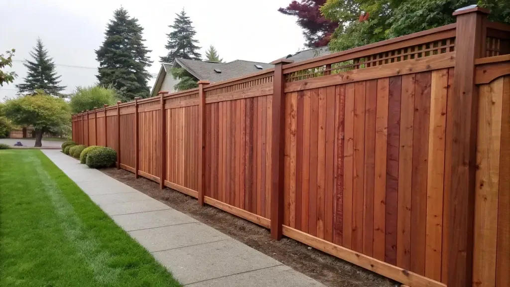 A custom redwood privacy fence with decorative top panels, offering a beautiful boundary along a sidewalk.