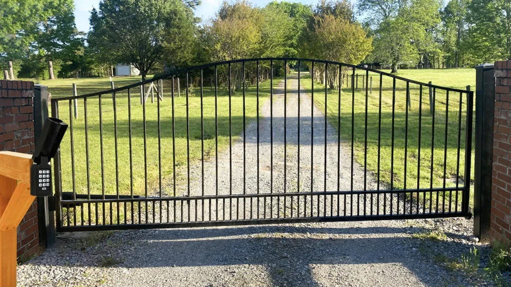 Automated electric gate with a gate keypad, enhancing security and access control for private property.