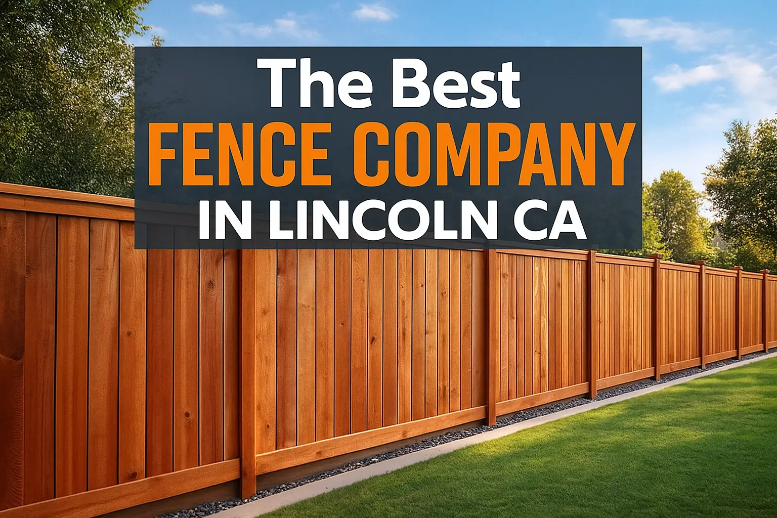 A sturdy stained wood privacy fence bordering a manicured lawn under a banner proclaiming "The Best Fence Company in Lincoln".