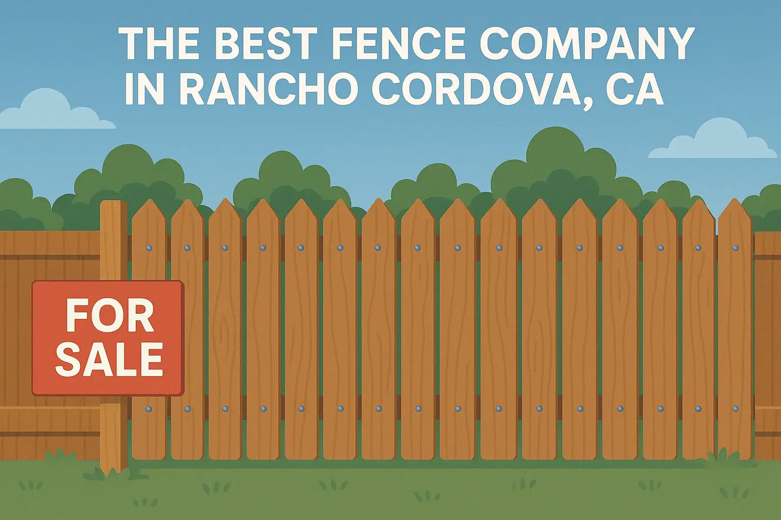 Graphic of a wooden picket fence with a red for sale sign created by the Best Fence Company in Rancho Cordova