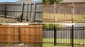 A 4-panel collage showcasing before-and-after common fence repair issues for wood and iron structures.