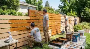 Expert crew of four applying professional horizontal fence staining in a backyard setting with brushes and sprayers.
