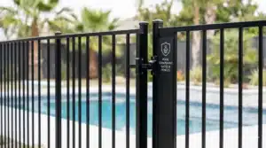 Secure high-mounted latch and a safety sign for Pool Compliant Gates and Fences.