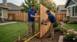 Two installers building a fence on a property line, following Sacramento boundary fence laws.