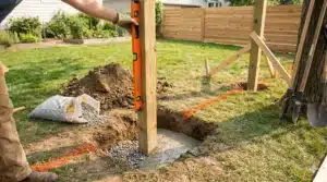 A detailed close-up of the proper setting technique for newly installed, level Wood Fence Posts in a hole.