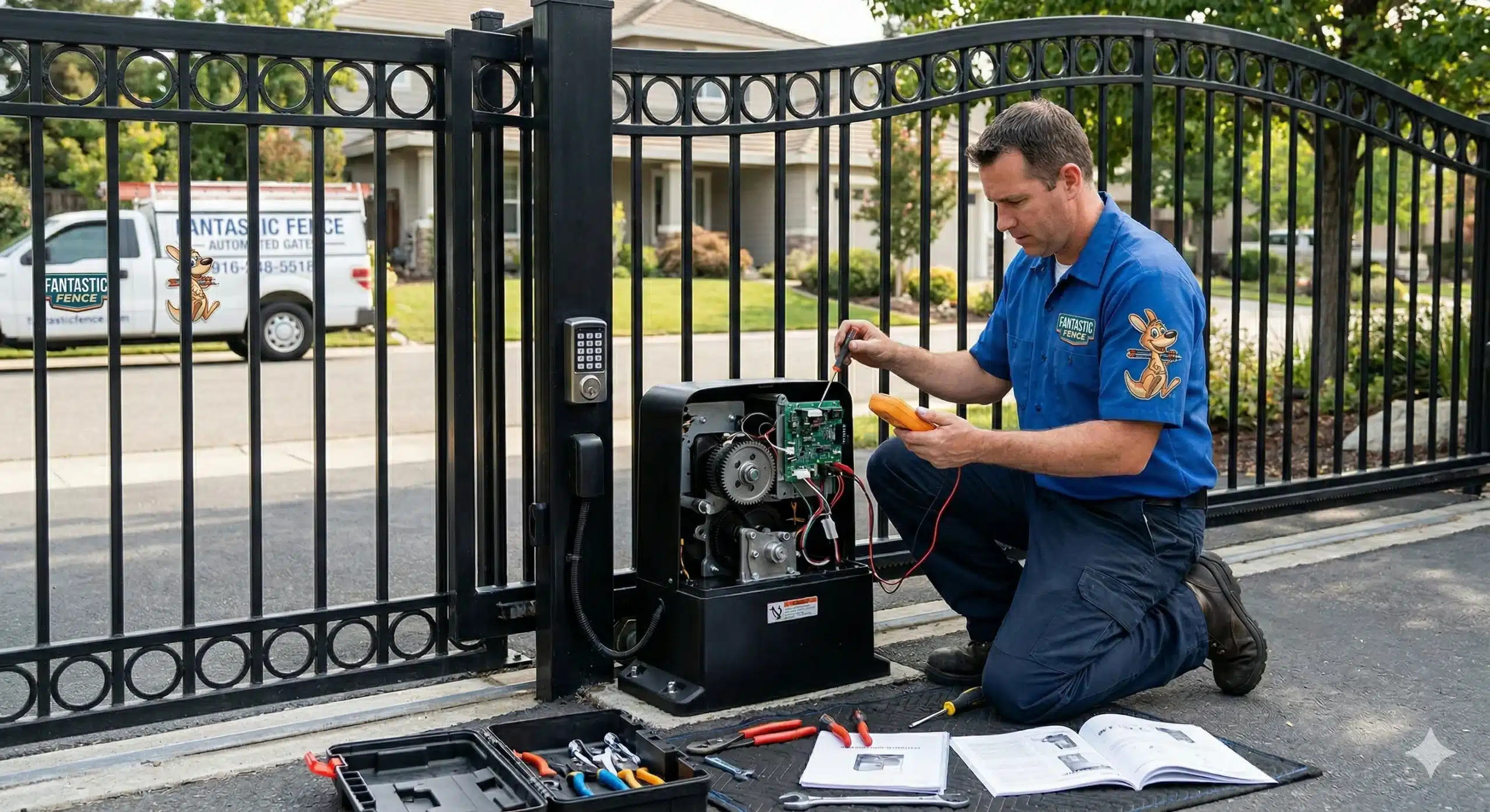 A mechanic fixes an automated gate Sacramento homes rely on.
