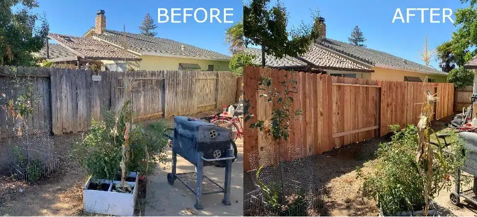 Side-by-side comparison of a weathered grey wooden fence and a newly installed redwood cedar fence. Repair or replace fence.