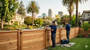 Our local fence company Sacramento professional installation of a custom horizontal-slat cedar wood fence.