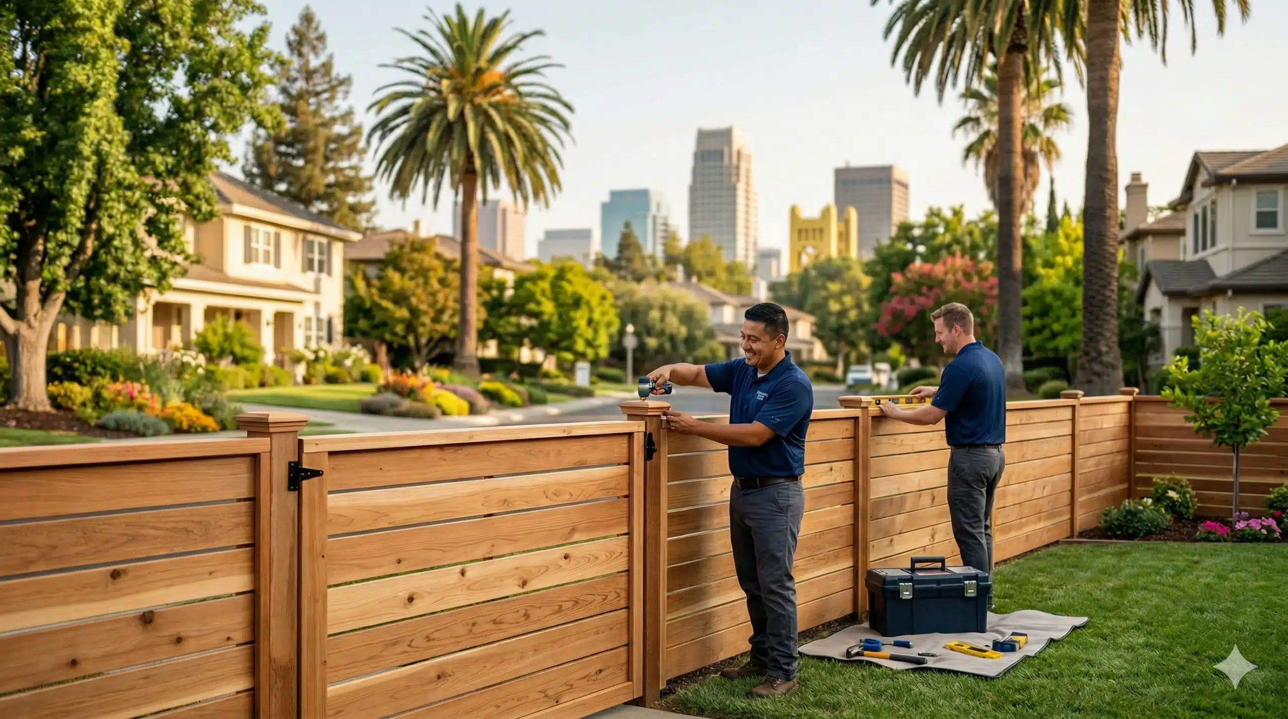 Our local fence company Sacramento professional installation of a custom horizontal-slat cedar wood fence.