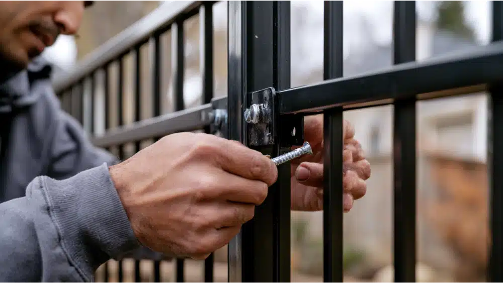 Metal fence panel being attached to post