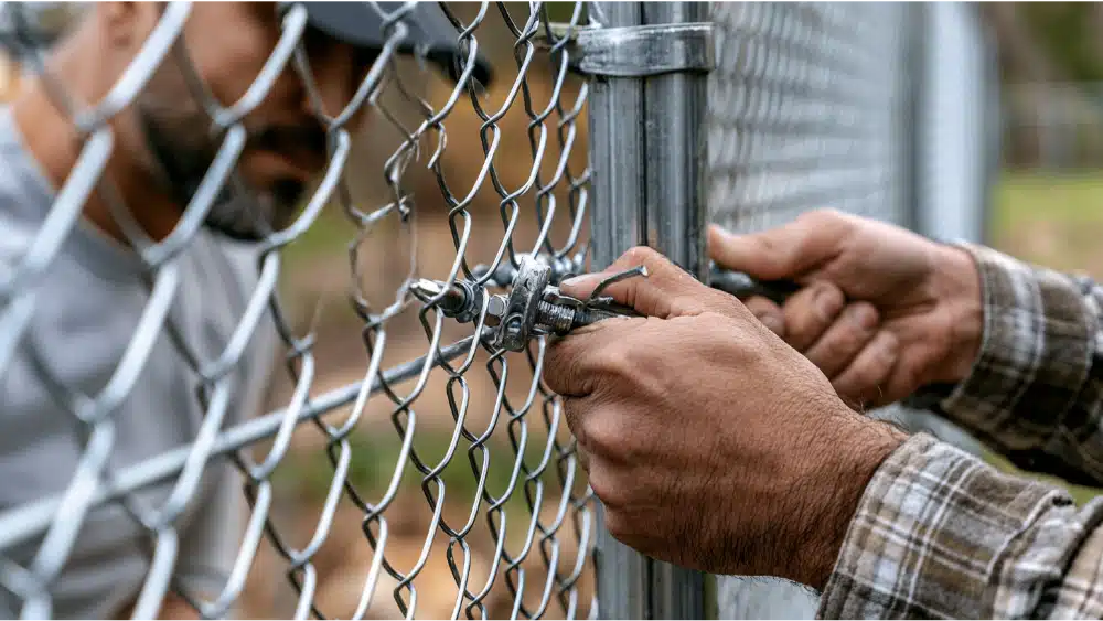 Chain link fence posts set in concrete