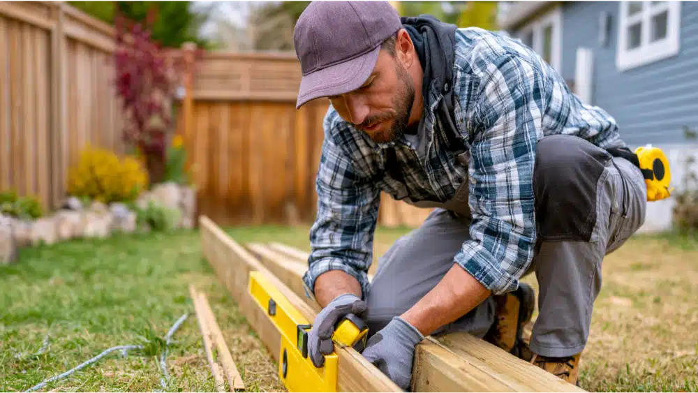 Contractor measuring wood fence spacing