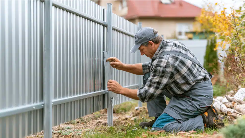Contractor installing metal fence