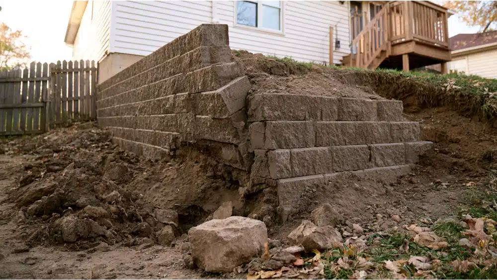 A retaining wall leaning outward in a residential backyard due to soil pressure, drainage problems, and foundation instability.