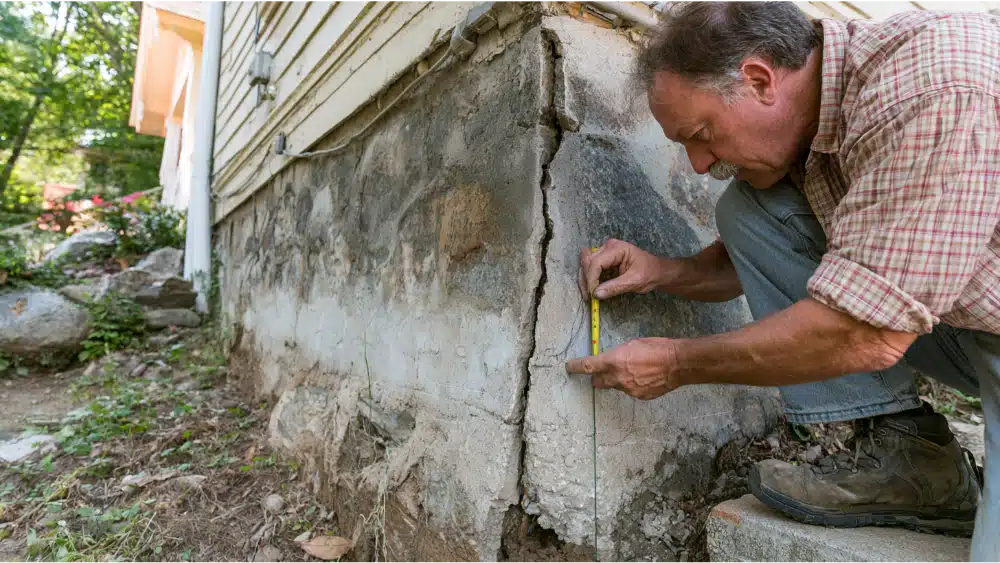 A contractor examining cracks, leaning sections, and drainage issues on a damaged retaining wall.