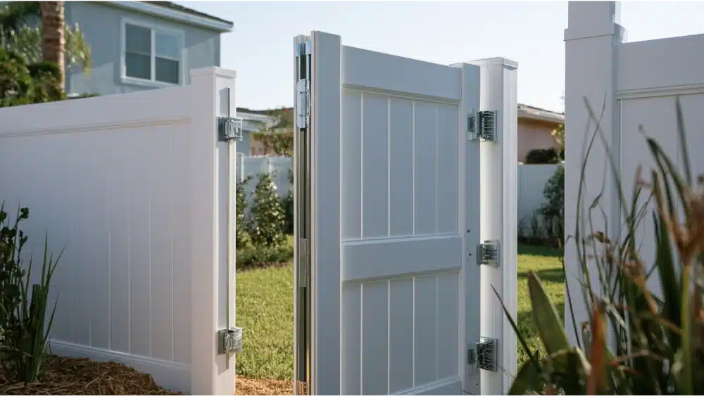 Vinyl gate with internal aluminum reinforcement supporting the frame and heavy-duty hinges.