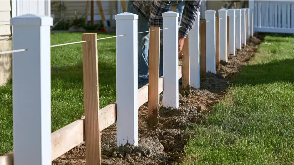 Vinyl fence posts temporarily braced while concrete sets during professional installation