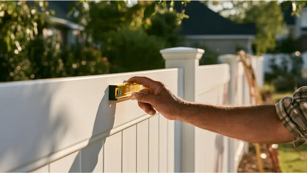 Homeowner checking whether vinyl fence panels are level with a spirit level