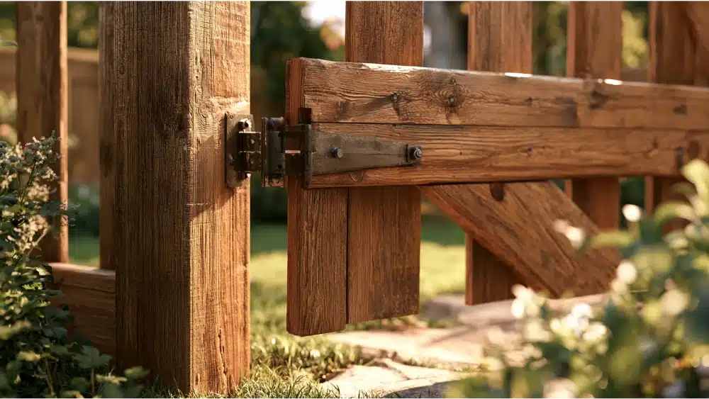 Wooden fence gate sagging from loose hinges, heavy frame, and leaning fence post