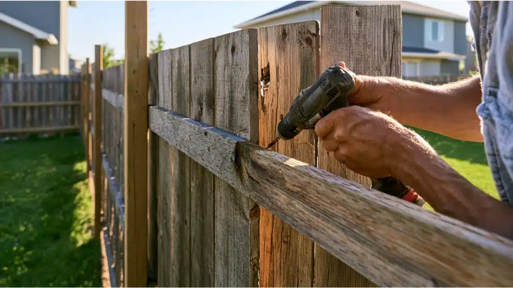 Contractor repairing a damaged wooden privacy fence in a residential backyard