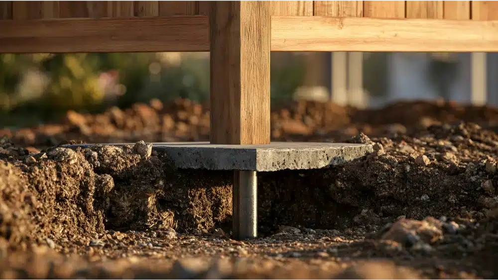 Concrete footing securely anchors a hidden steel fence post below ground