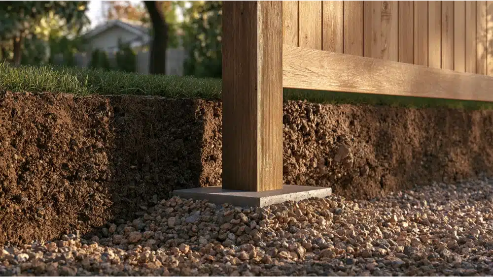 Fence post anchored with a concrete footing and gravel drainage base