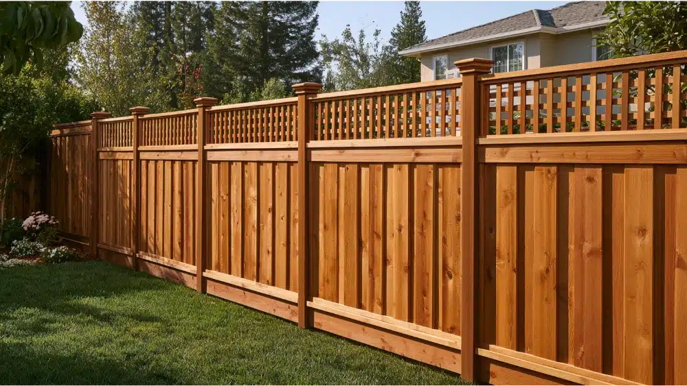 Custom residential fence with decorative post caps, trim, lattice, and carefully finished boards
