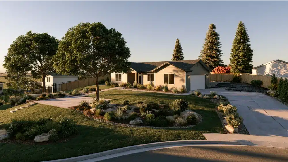 Custom fence following a sloped residential yard while working around trees, landscaping, and existing hardscape