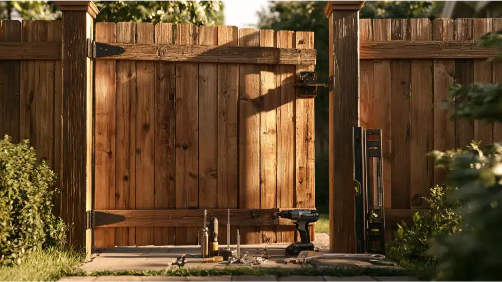 Wooden fence gate with repair tools showing professional hinge and gate repair options
