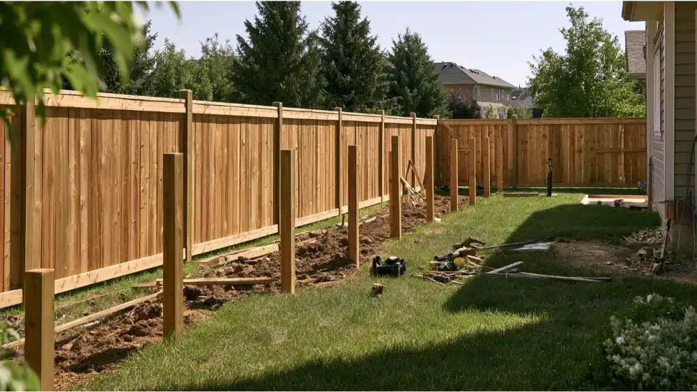 Comparison of properly aligned professional fence posts and uneven fence posts from an incorrect installation.