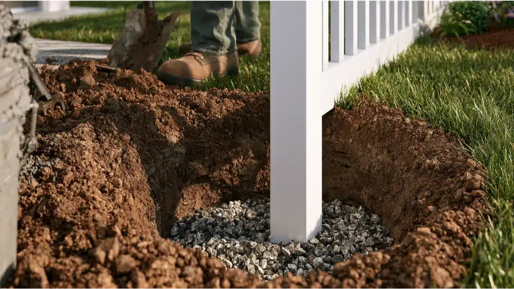 Fence installer preparing a deep post hole for a stable vinyl fence installation