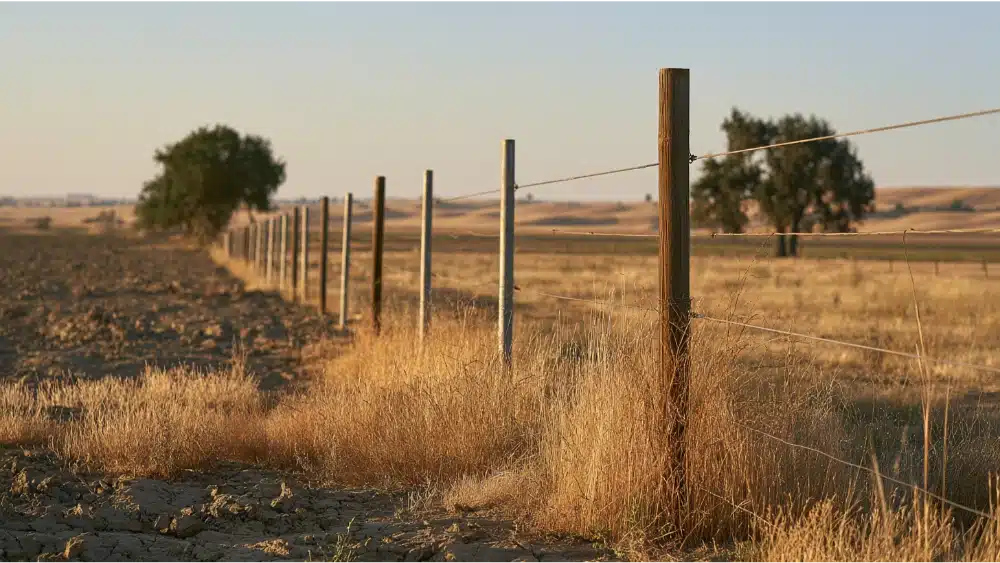 Ground rods and grounding wire supporting an electric fence in dry California soil