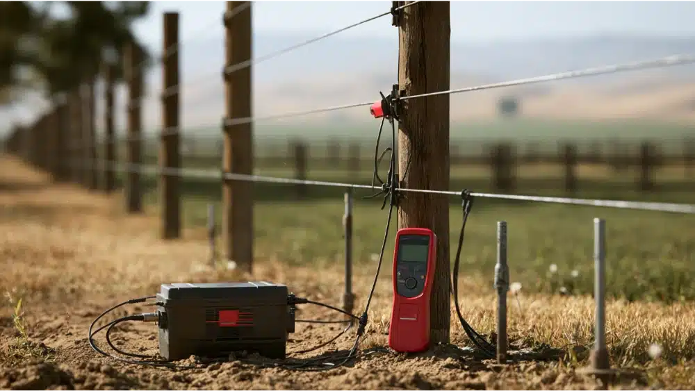 Electric fence energizer and voltage tester connected to a high-tensile agricultural fence