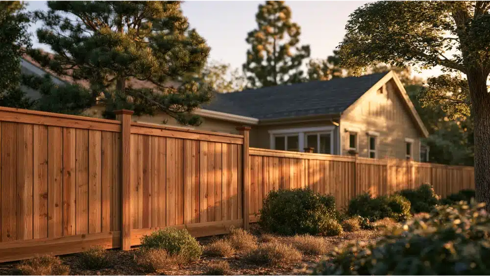 Professionally installed residential fence surrounding a Sacramento-area home with California landscaping.