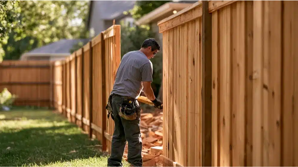 Contractor replacing damaged wooden fence pickets with new boards