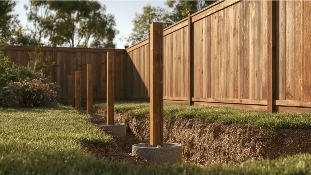 Fence posts installed at proper depth and spacing for a residential privacy fence