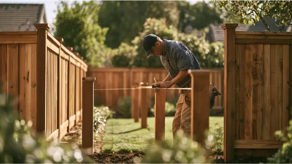 Contractor using existing fence posts and a string line to establish accurate reference points for new fence installation.
