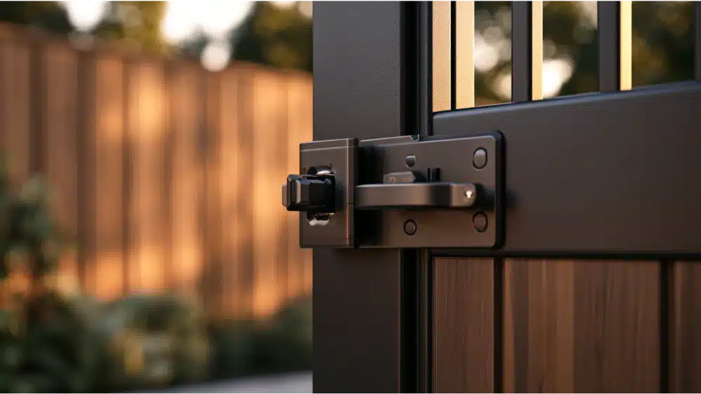 Durable stainless steel and powder-coated metal gate latch on a residential fence