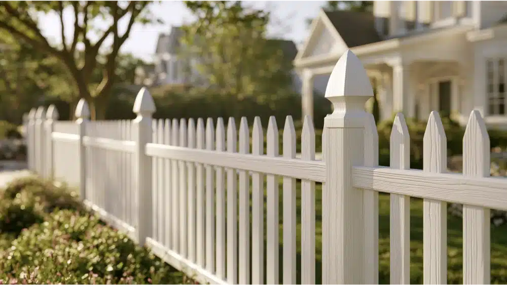 Close-up of Gothic, French Gothic, dog-ear, and flat-top white picket fence styles