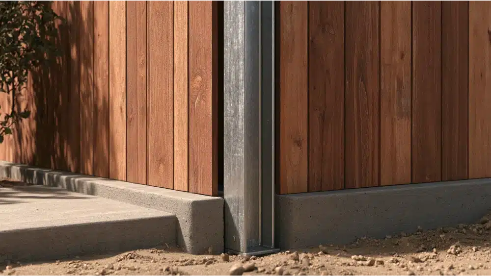 Steel post hidden behind wood fence boards and secured in a concrete footing