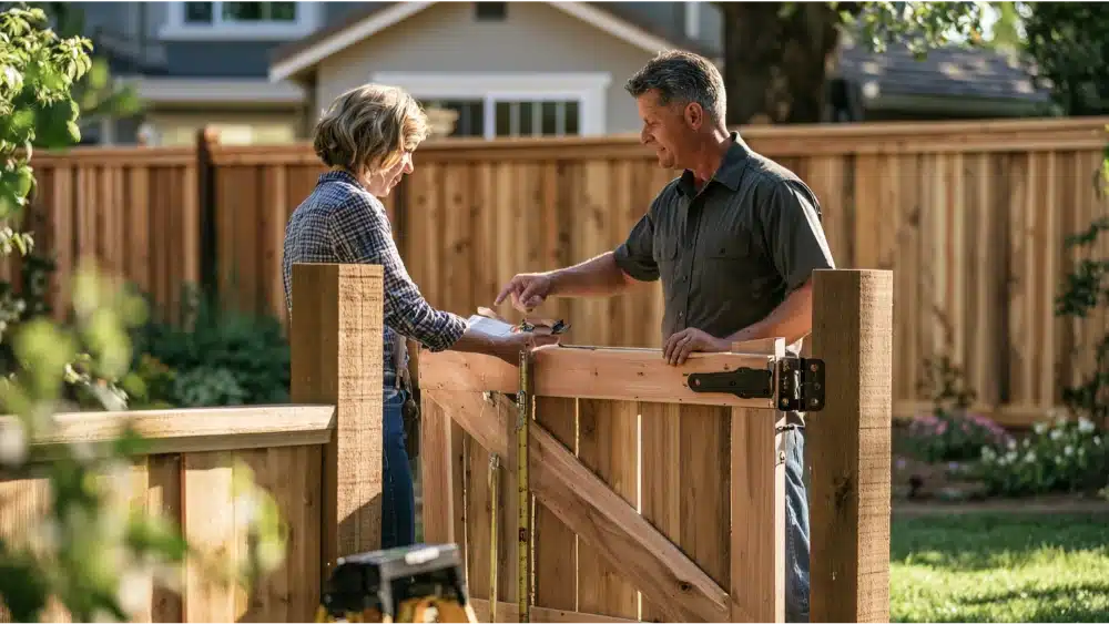 Homeowner and fence installer reviewing gate frame reinforcement, posts, hinges, and hardware before installation.