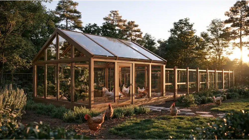 Chicken coop protected with buried hardware cloth and an electric fence predator barrier