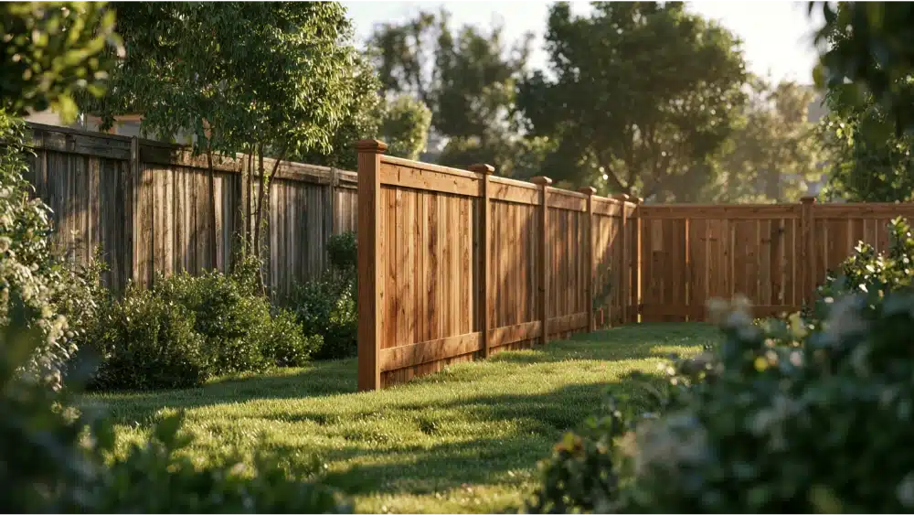 New wooden fence post matched with an older fence section for a consistent and seamless appearance.