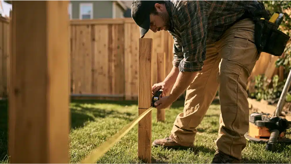 Fence installer measuring the spacing between posts to ensure proper alignment with an existing fence.