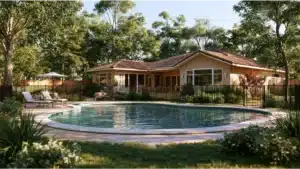 Four-sided safety fence surrounding a residential swimming pool to prevent unauthorized access