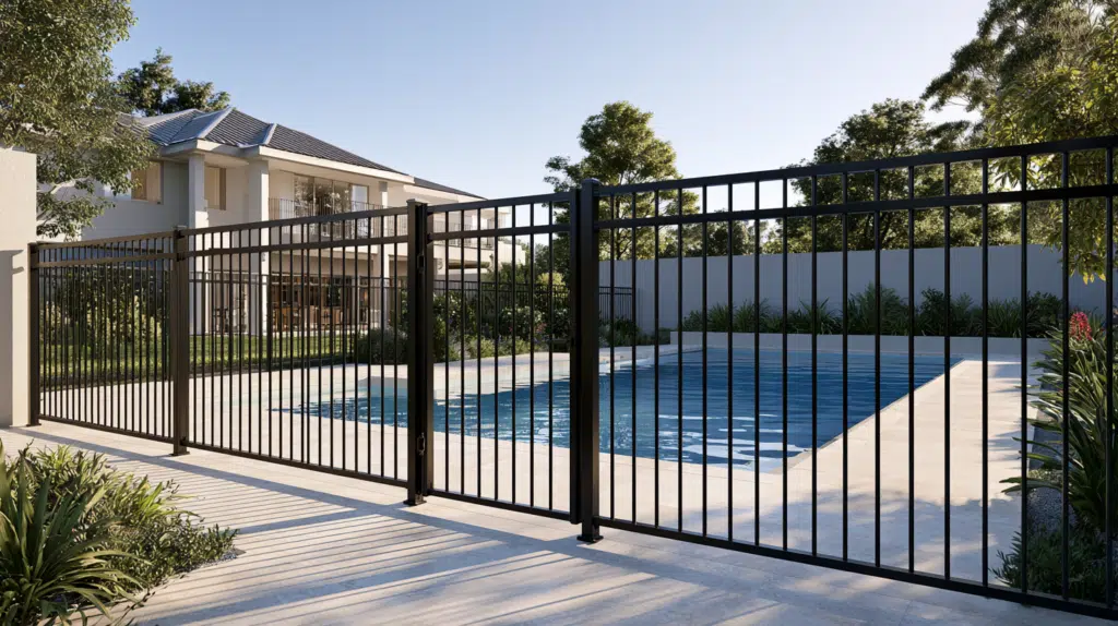 Pool safety barrier surrounding a residential swimming pool with modern fencing