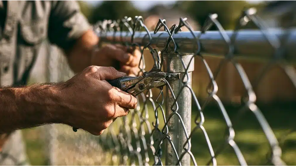 Contractor repairing and tightening loose chain link fence mesh