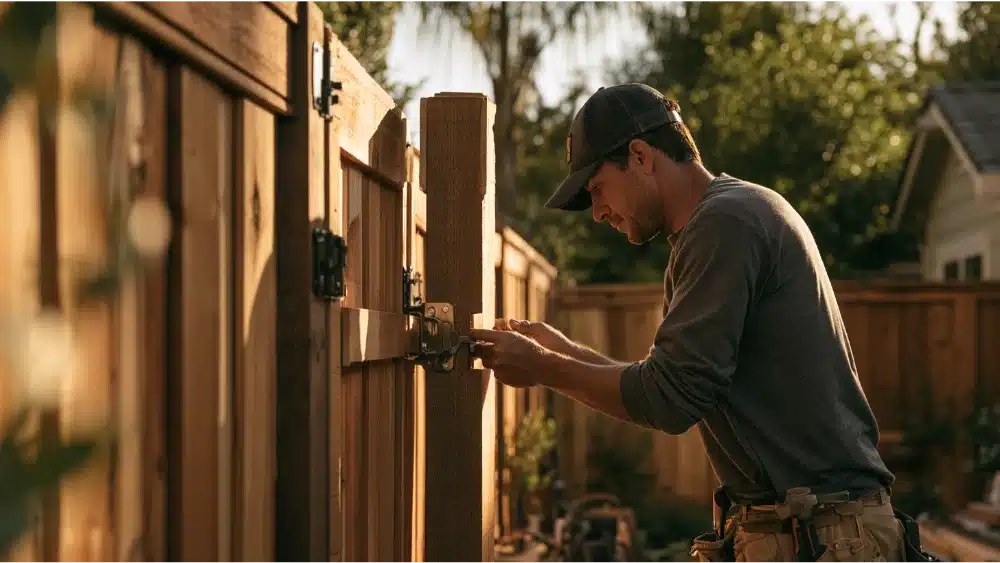 Professional installer fitting a secure latch onto a residential fence gate