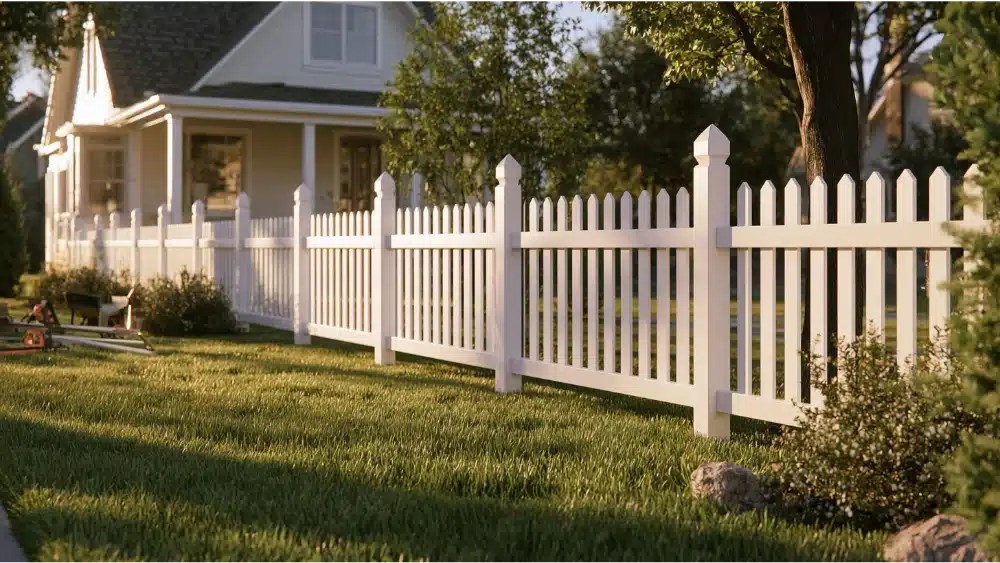 Professionally installed white wood picket fence with aligned posts and evenly spaced pickets